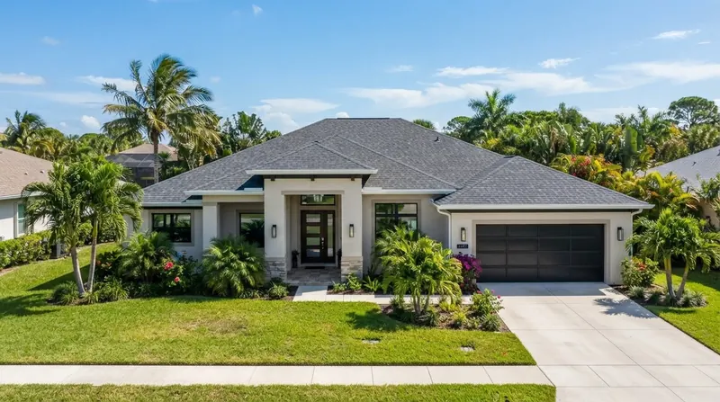Ranch-style Florida home with a gray architectural shingle hip roof