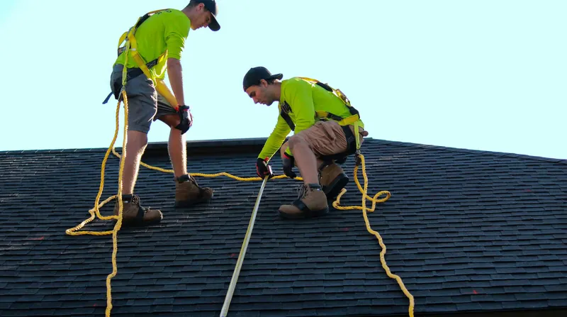 Two roofers in safety harnesses inspecting and working on a shingle roof