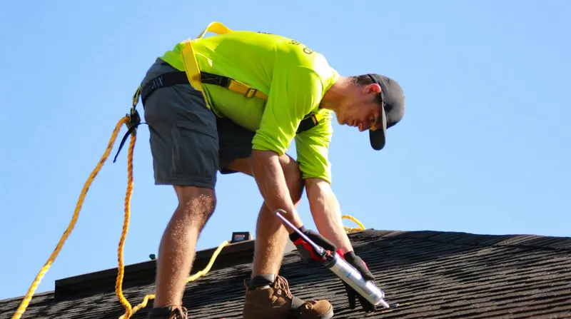 Roofer in a safety harness applying sealant during roof maintenance