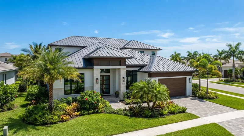 Two-story Florida home with a standing seam metal hip roof